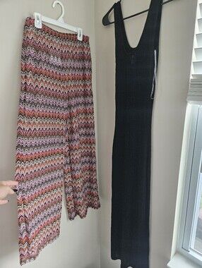 Womens Multicolor Zigzag Wide Leg Beach Pants Black Swim Cover Dress Pool Medium